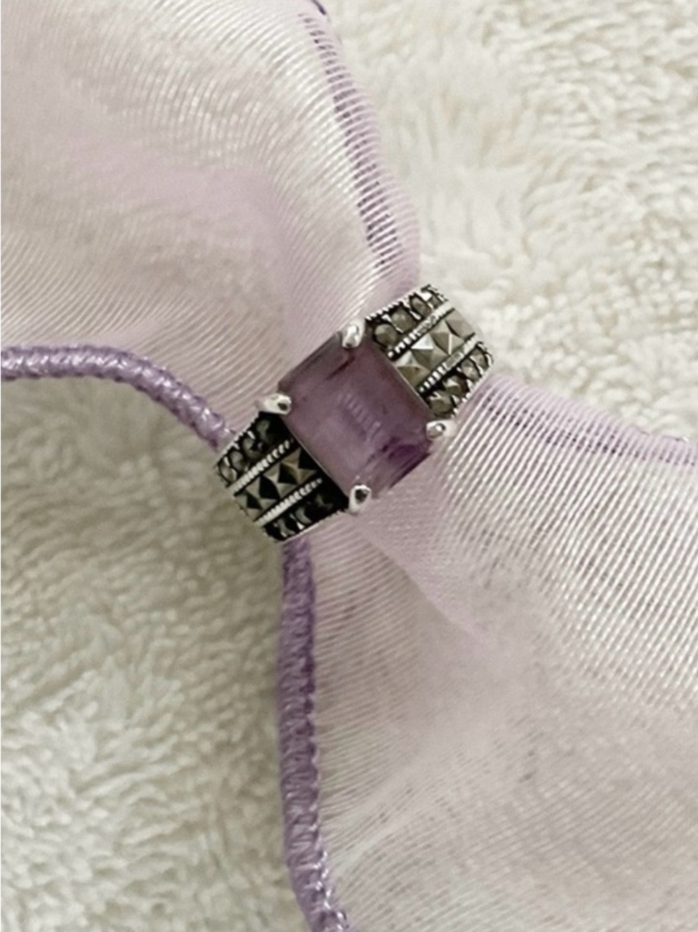 Vintage 925 Sterling Silver Amethyst Marcasite Ring Size 6 Art Deco Style - Picture 2 of 14